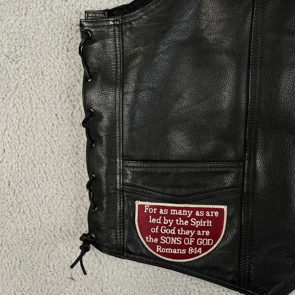 Leather Vest Jesus Patch Vest Men 52 2XL River Road Motorcycle Lace Up Sides - Picture 6 of 12